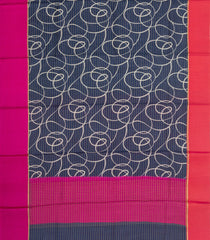 Navy Blue Printed Tussar Silk Saree With Stripes & Abstract Motifs-TU3601