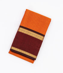 Orange Handloom Kanchi Cotton Saree With Zari Stripes & Maroon Border