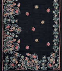 Black Printed Synthetic Tussar Silk Saree With Contrast Border-SY0110