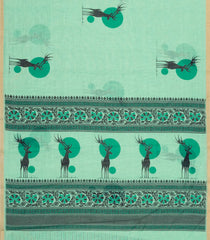 Aquamarine Printed Synthetic Linen Saree With Zari border-BL5150
