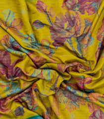 Mustard Printed Synthetics Dola with Zari Stripes & Contrast Border-BL5146