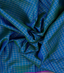 Blue Handloom Kanchipuram 9 Yards Silk Saree With Checks & Contrast Border-KA13416