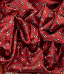 Red Handloom Tussar Silk Saree With Printed Floral Motifs-Red