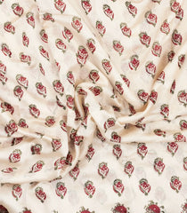 Off White Printed Chanderi Cotton Saree With Red Zari Border-CC1683