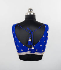 Blue Embroidered Blended Raw Silk Readymade Sleeveless Blouse RB5208