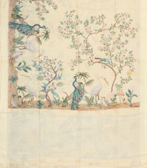 Cream Printed Linen Saree With Peacock Motifs-LI0752