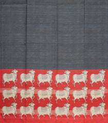 Dark Grey Printed Synthetic Tussar Silk Saree With Zari Checks & Contrast Pallu-SY0383