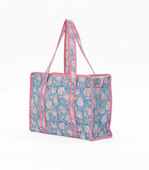 Light Blue Bagru Printed Handmade Cotton Quilted Tote Bag With Zipper-ACS1040