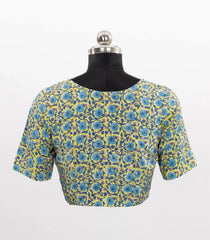 Yellow Floral Block Print Blouse With V Neck & Front Open-RB5226