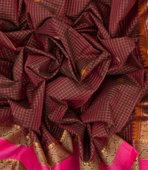 Maroon Handloom Kanchi Cotton Saree With Checks & Annam Buttas