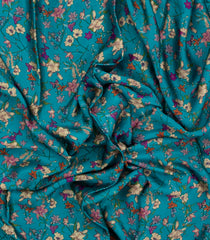 Cyan Printed Pure Satin Silk Saree With Floral Motifs-PS0956
