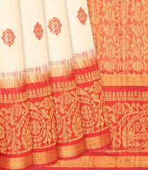 Off White Handwoven Tussar Silk Saree With Floral Motifs-Off White