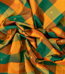 Mango Yellow & Green Handloom 9 Yards Silk Cotton Saree With Checks & Buttas-SC3779
