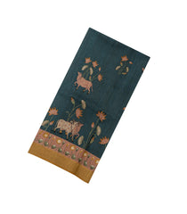 Teal Woven Tussar Silk Saree With Printed Pichwai Motifs-TU3208