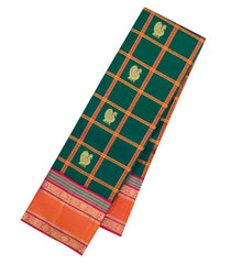 Bottle Green Handloom Korvai Kanchipuram Silk Saree With Checks & Buttas-KA16168