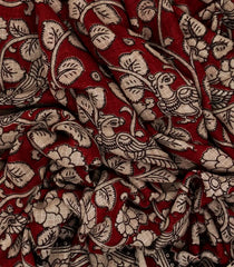 Maroon Woven Kalamkari Kota Cotton Saree With Printed Peacock Motifs