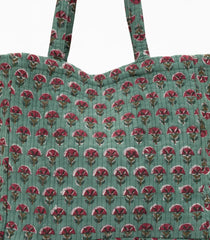 Green Handmade Tote Bag With Printed Motifs With Button (14"H X 17"W X 8"D)-ACS1055