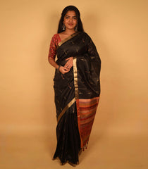 Black Woven Art Tussar Silk Saree With Jasmine Bud Motifs-BL3923
