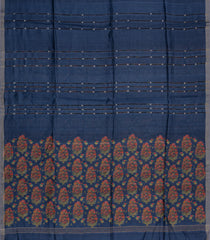 Navy Blue Printed Tussar Silk Saree With Stripes & Printed Pallu-TU3654