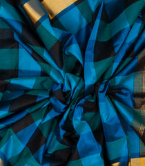 Blue & Black Handloom Silk Cotton Saree With Checks-SC3513