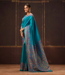Cyan Woven Soft Bamboo Saree With Position Print and Embroidery Zircon Work-BL4108