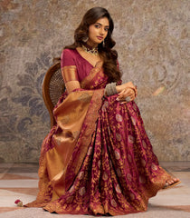 Crimson Woven Blended Satin Saree With Brocaded & Embroidered Motifs-BL4067