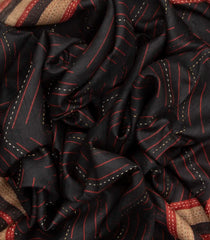 Black Handloom Tussar Silk Saree With Printed Chevron Motifs-TU2706
