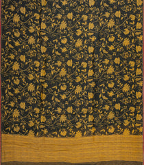 Black Handloom Linen Saree With Printed Yellow Floral Motifs-LI0783