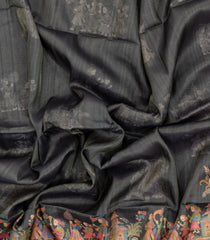 Dark Grey Printed Synthetic Tussar Saree With Wedding Motifs-BL5369