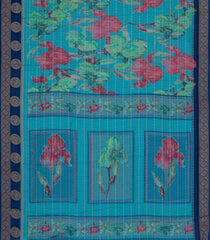 Cyan Printed Synthetics Dola with Zari Stripes & Contrast Border-BL5165