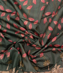 Dark Green Woven Tussar Silk Saree With Printed Pichwai Motifs-TU3182