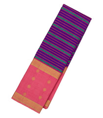 Purple Handloom Korvai Kanchipuram Silk Saree With Floral Stripes-KA13346