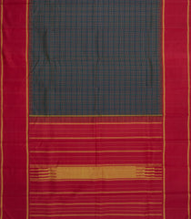 Midnight Blue Handloom Korvai Kanchipuram Silk Saree With Checks & Red Border-KA16817