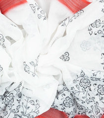 White Woven Art Linen Saree With Printed Floral Motifs & Red Border-BL4634