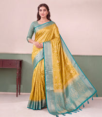 Gold Woven Blended Tissue Saree With Floral Motifs & Contrast Zari Border-SY0619