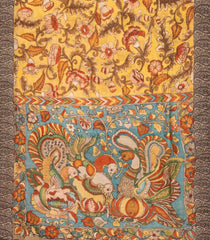 Yellow Handloom Tussar Silk Saree With Printed Kalamkari Motifs-TU2885