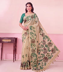 Beige Printed Synthetic Linen Saree With Floral Motifs-SY0612