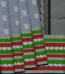 Grey Handloom Soft Silk Saree With Annam, Rudraksham Butta & Black Pallu-Grey