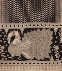 Black Woven Cotton Saree With Printed Kalamkari Motifs-KAL1141
