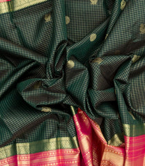 Bottle Green Handloom Korvai Kanchipuram Silk Saree With Checks & Buttas-KA13016