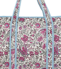 Cream Bagru Printed Handmade Cotton Quilted Tote Bag With Zipper-ACS1044