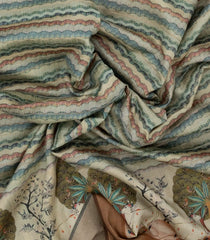 Cream Woven Synthetic Dupion Saree With Stripes & Printed Motifs-BL4409