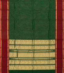 Dark Green Handloom Kanchi Cotton Saree With Zari Stirpes & Maroon Border