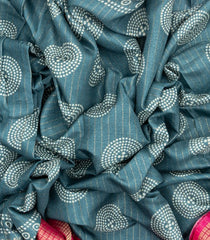 Steel Blue Woven Synthetic Dola Saree With Printed Motifs & Contrast Border-BL4509