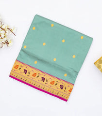 Aquamarine Handloom Banarasi Silk Saree With Coin Buttas & Contrast Border