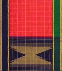 Red Handloom Korvai Kanchipuram Silk Saree With Checks & Ganga Jamuna Border-KA13896