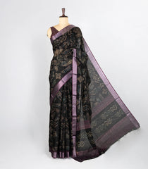 Black Woven Art Linen Saree With Printed Floral Motifs and  Magenta Border-BL4677