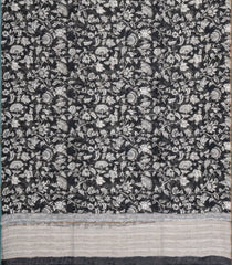 Black Handloom Linen Saree With Printed White Floral Motifs-LI0782