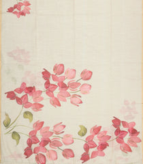 Off White Printed Synthetic Linen Saree With Floral Motifs-SY0484