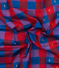 Red & Blue Handloom Silk Cotton Saree With Checks & Zari Buttas-SC4611